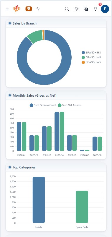 Flash ERP mobile dashboard showing branch sales and analytics
