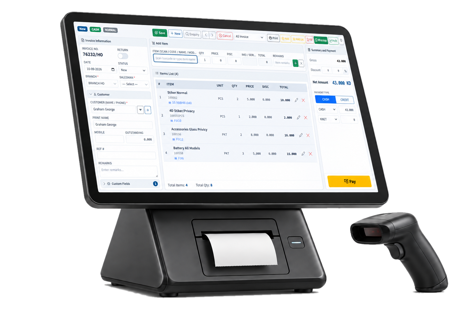 Modern Flash point of sale terminal showing the sales invoice and checkout form