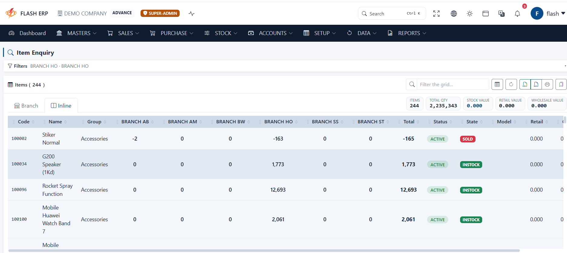 Flash ERP inline item enquiry showing inventory quantities across branches