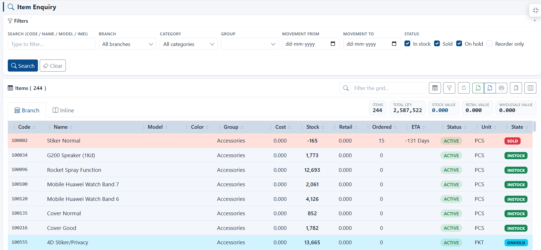 Flash ERP item enquiry screen showing searchable stock across branches