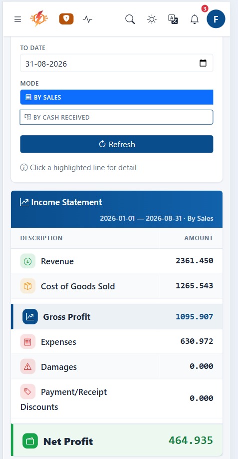 Flash ERP mobile income statement showing revenue, gross profit, expenses and net profit