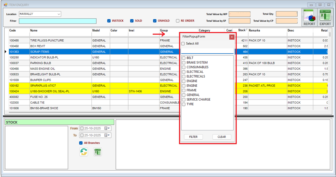 Multi-select list view filter via right-click