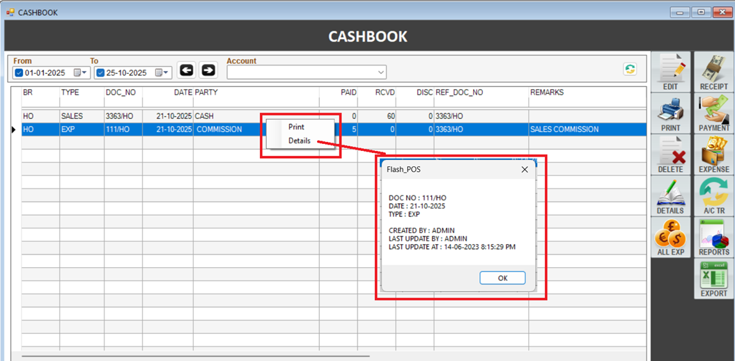 Right-Click Options in Cashbook via right-click